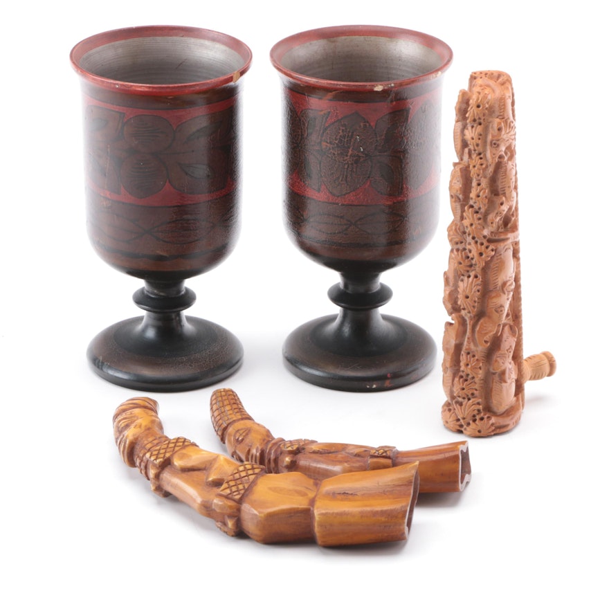 Hand-Painted Lacquerware Cups with African Style Carvings