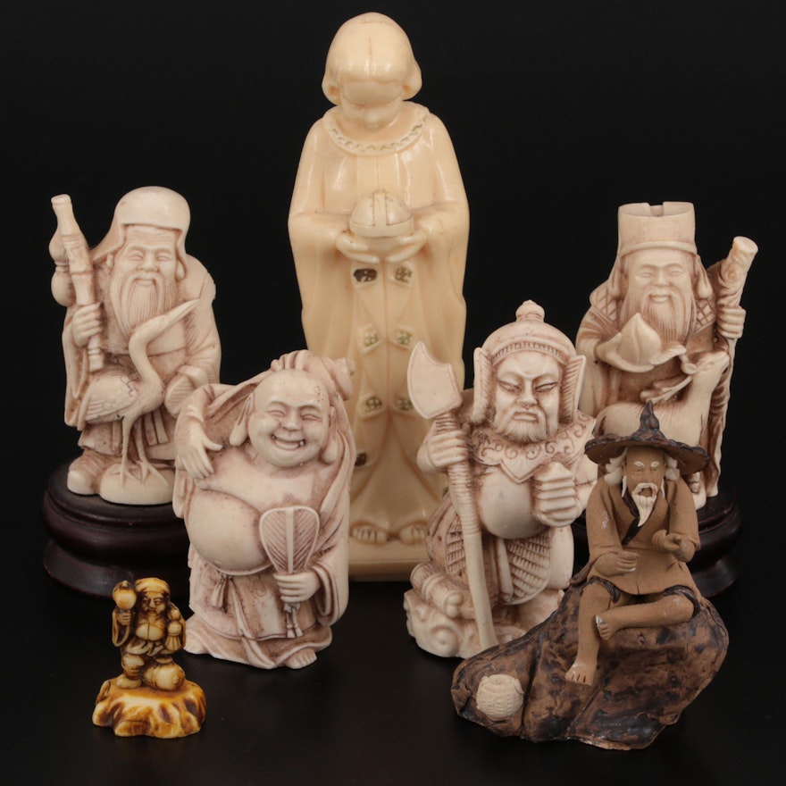 Chinese Mudman Figure and Resin Buddhist Figurines with Other Resin Figures