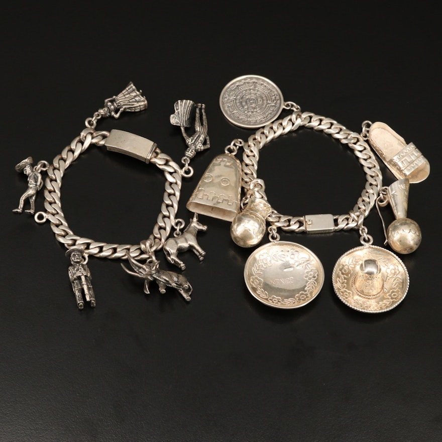 Vintage Mexican Sterling Folklore Themed Charm Bracelets
