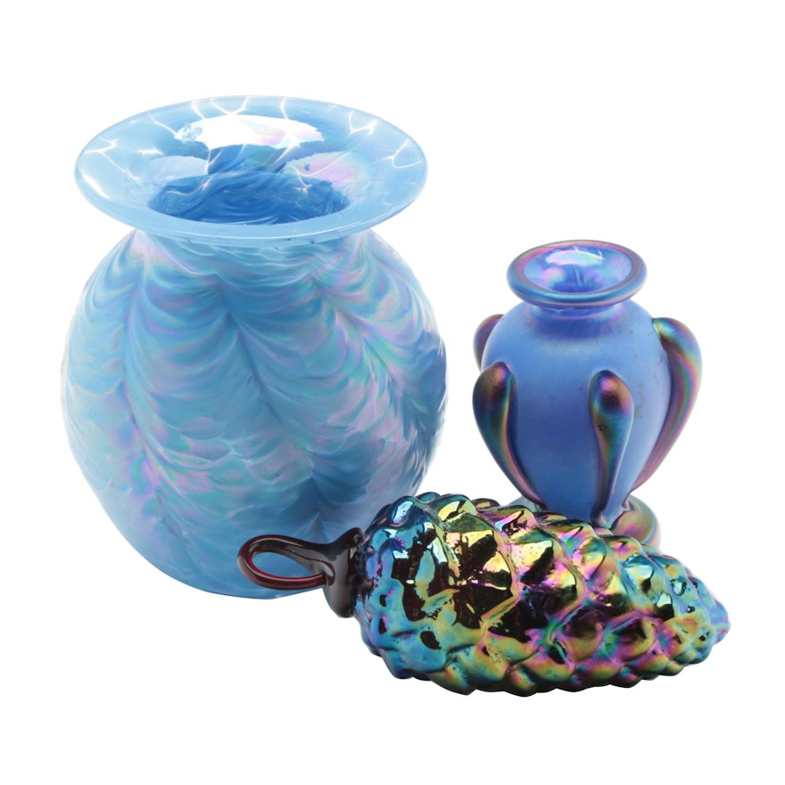 Art Nouveau Bohemian Blue Iridescent Teardrop Vase with Other Art Glass
