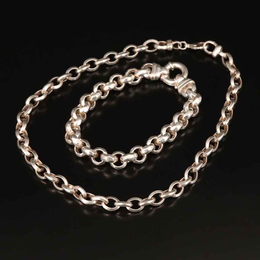 Italian Sterling Cable Chain Necklace and Textured Rolo Chain Bracelet