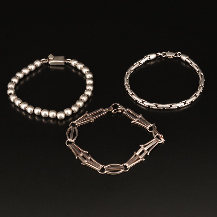 Bracelets Including Sterling Bead, 850 Silver Fancy Link and Boston