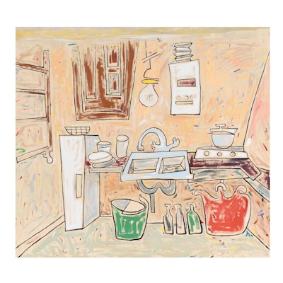 Eduardo Oliva Kitchen Interior Oil Painting, Late 20th Century