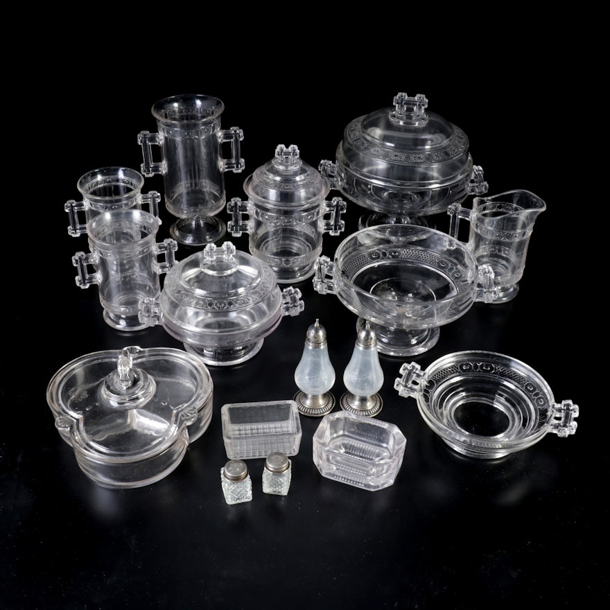 Clear Patterned Glass Serveware With Double Cross Handles