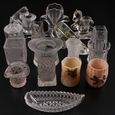 Pressed Glass Toothpick Holders and Dish, Late 19th to Early/Mid 20th Century