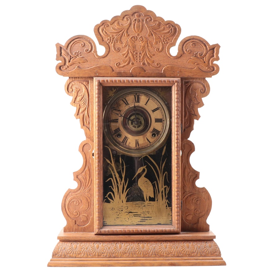 Victorian Gingerbread Pressed Oak Case Mantel Clock,  Late 19th to Early 20th C.