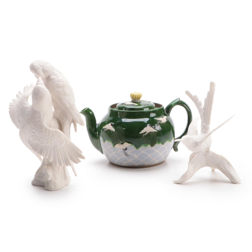 Goebel White Bisque Bird Figurines with East Asian Style Teapot