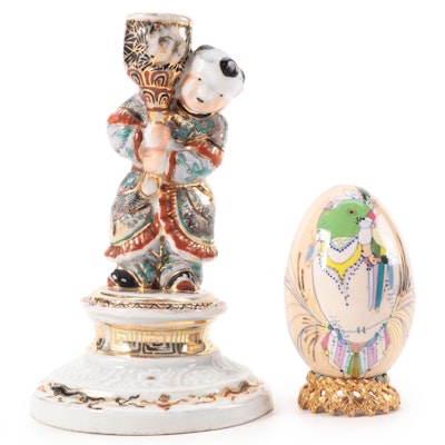 C. M. Clark Hand-Painted Ceramic Egg with Chinese Figural Porcelain Candlestick