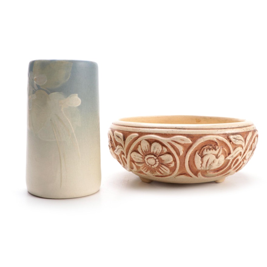 Weller Pottery Vase and "Clinton Ivory" Bowl, Early 20th Century
