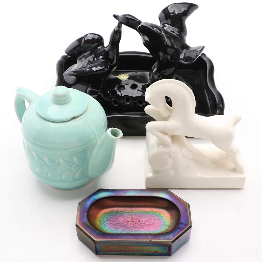 Canary Pottery Black Flower Frog, Imperial Carnival Glass Soap Dish, and cMore