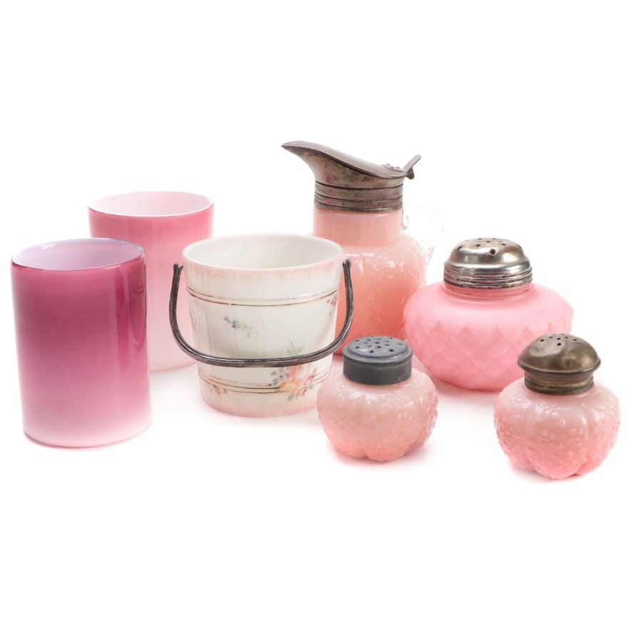 Challinor, Taylor & Co. Forget Me Not Syrup and Shakers with Other Satin Glass