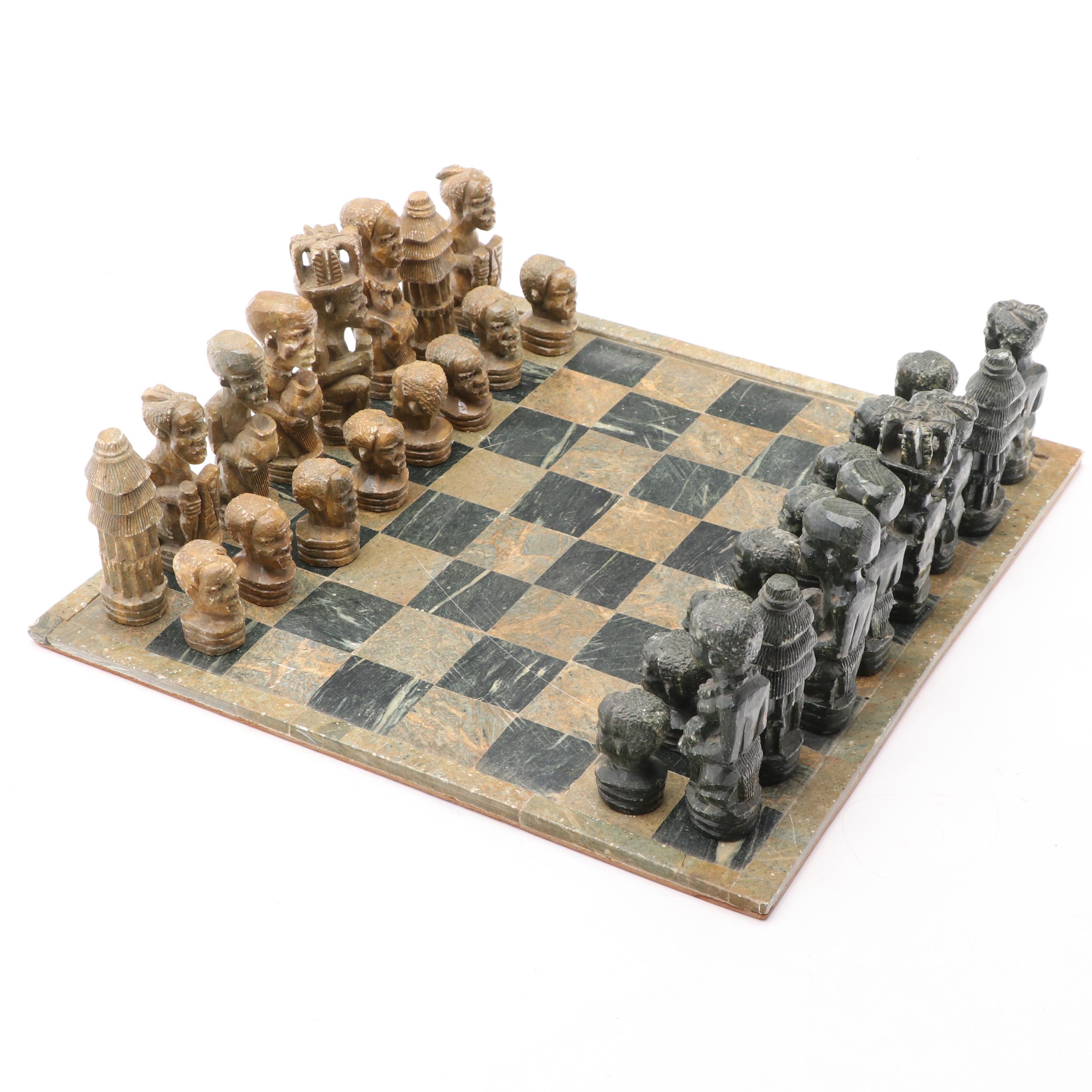 African Carved Soapstone Chess Set EBTH