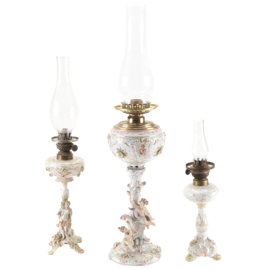 Sitzendorf and Other Dresden Style Porcelain Oil Lamps