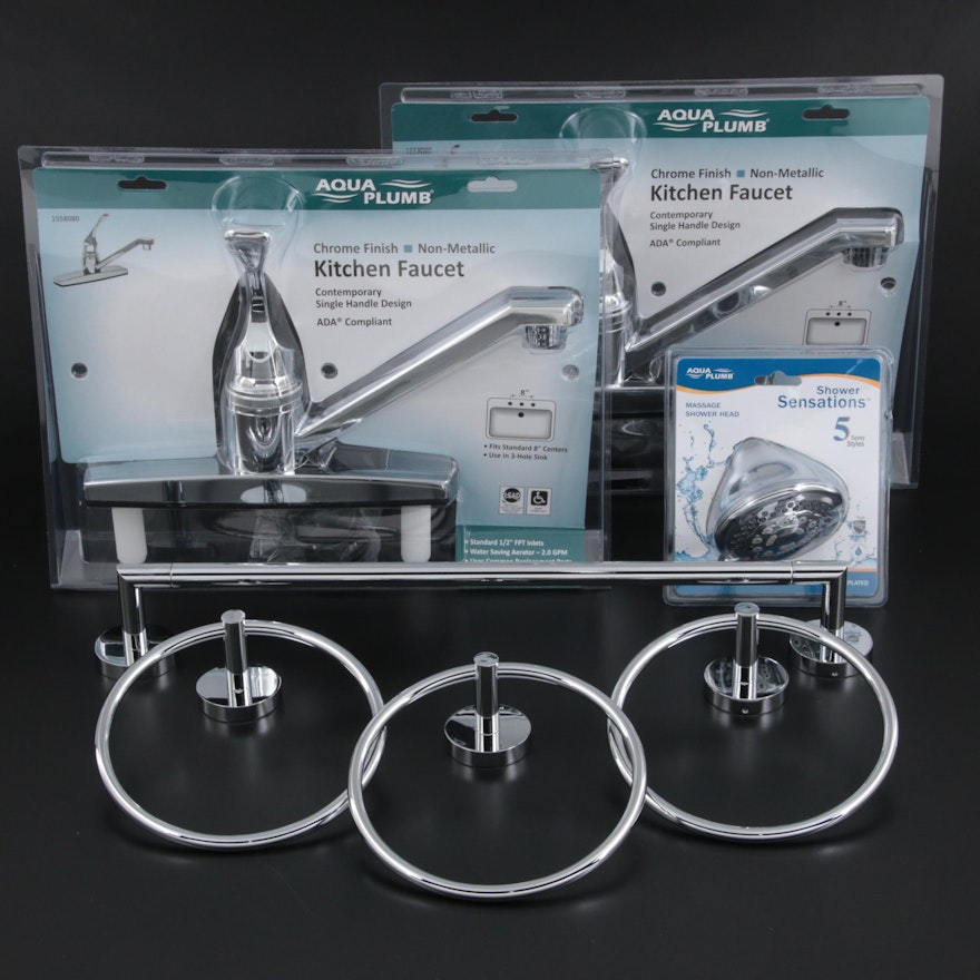 Chrome Kitchen Faucets, Showerhead, Towel Rings and 18" Towel Bar