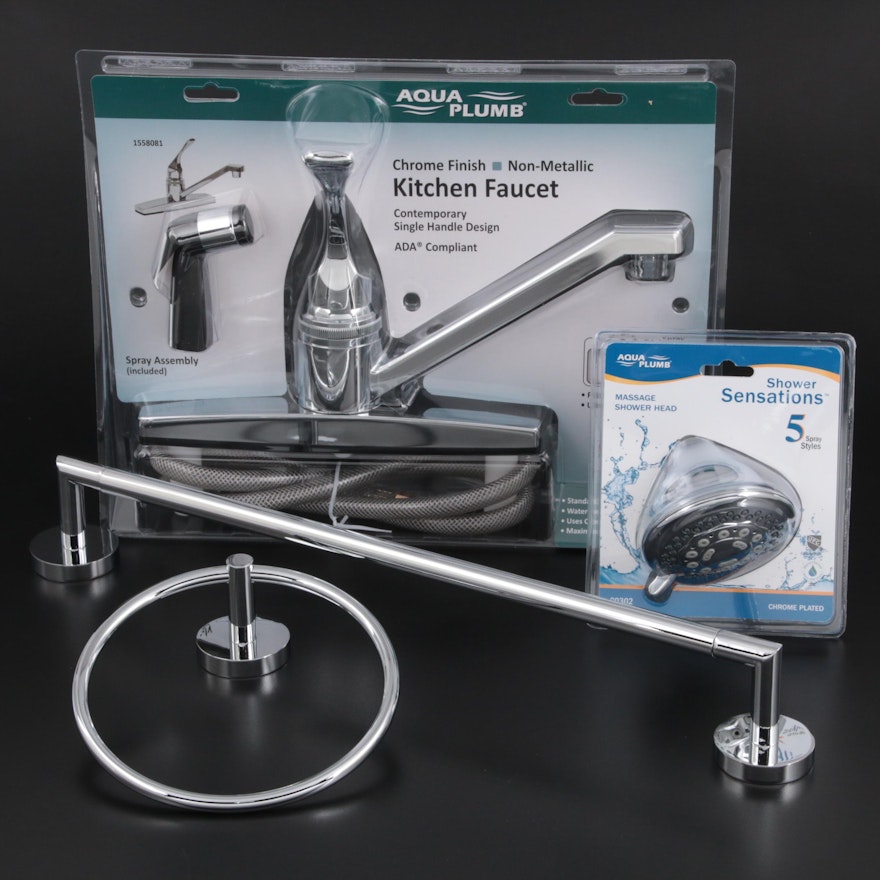Chrome Kitchen Faucet with Spray, Showerhead, Towel Ring and 18" Towel Bar