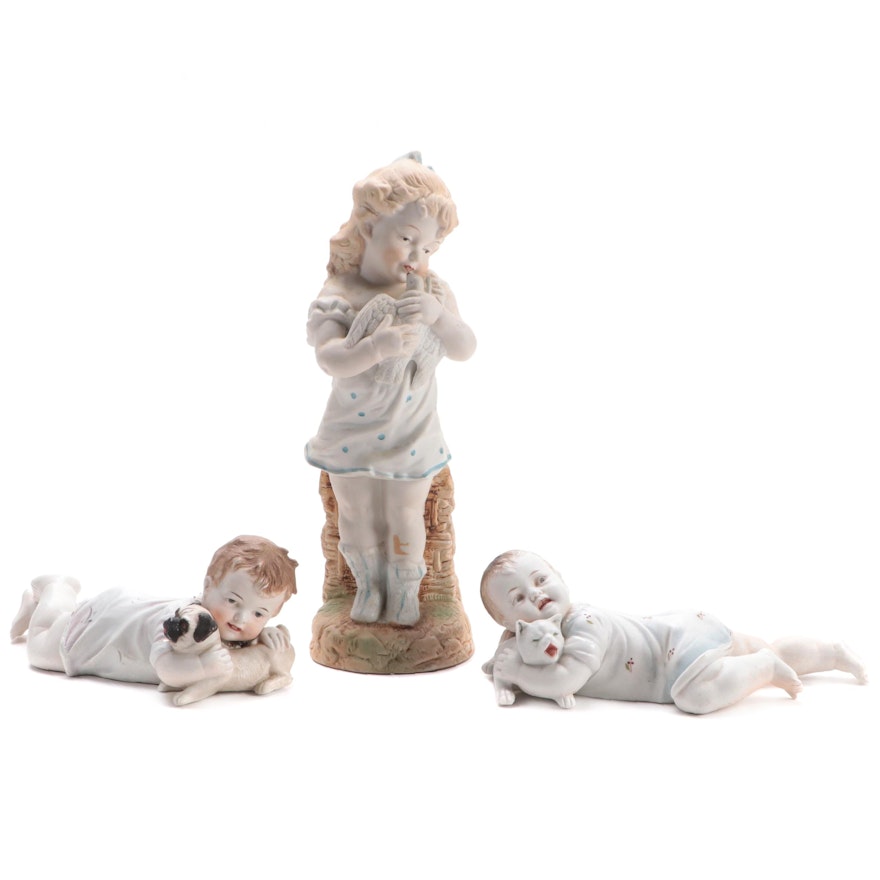 German Bisque Piano Babies and Figurine, Early to Mid 20th Century