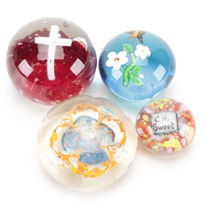 Handcrafted Cross and Floral Motif Art Glass Paperweights