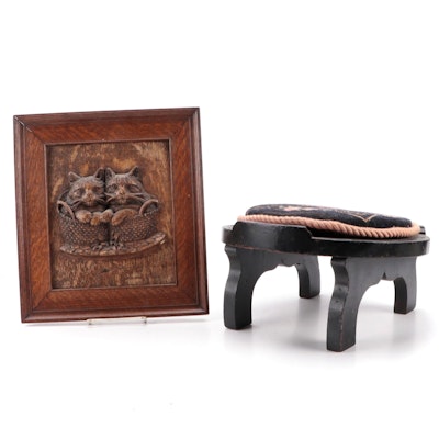 Relief-Carved Oak Plaque of Kittens in Basket with Horseshoe Shaped Footstool