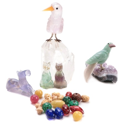 Carved Amethyst and Aventurine Bird, Other Stone Figurines and More