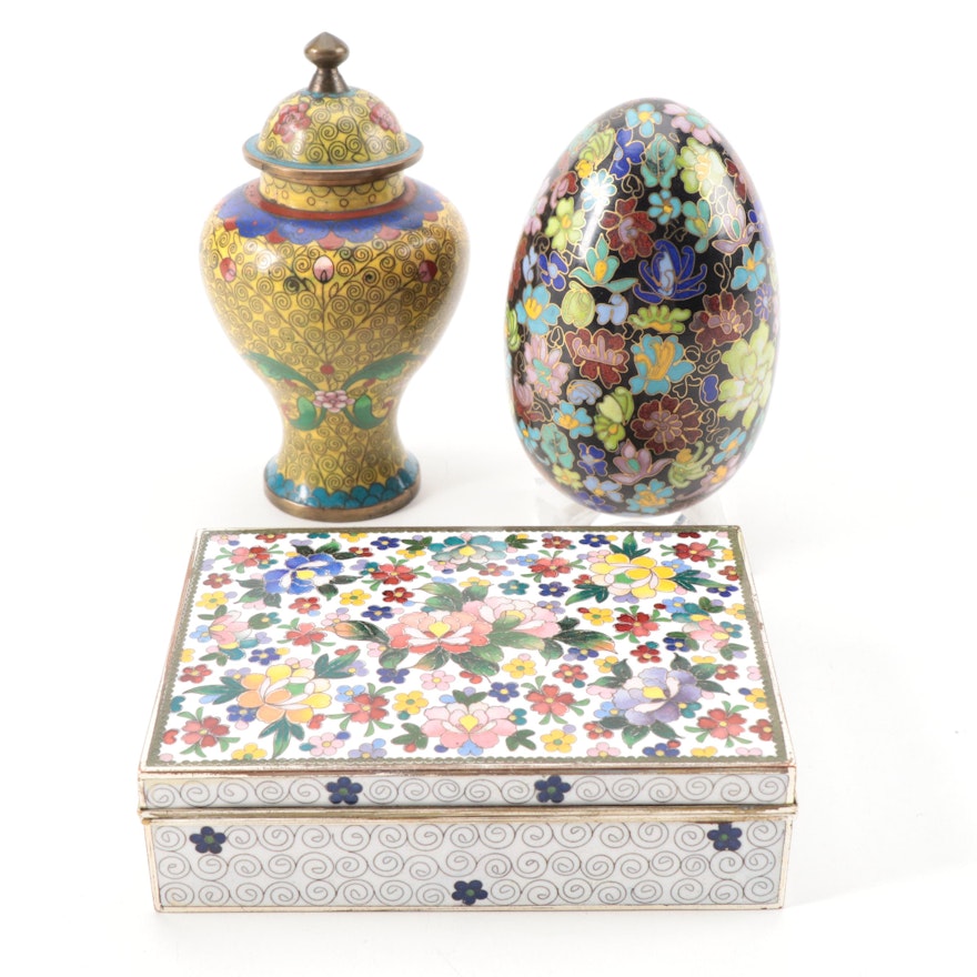Chinese Cloisonné Trinket Box, Egg, and Temple Jar, Late 20th Century