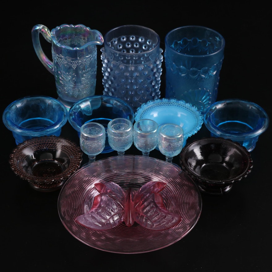 LE Smith "Wine and Roses" Miniature Water Set and Other Blue Pressed Glass