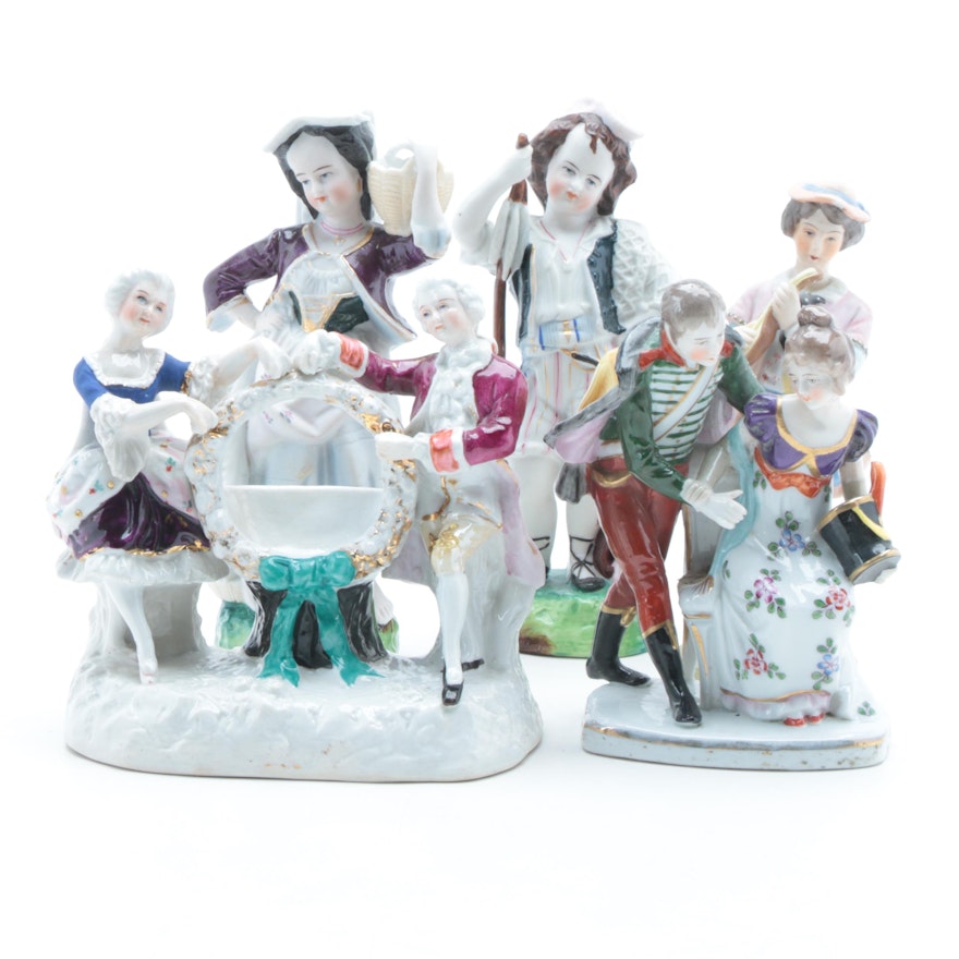 German Porcelain Pocket Watch Holder and Other Figurines, 20th Century