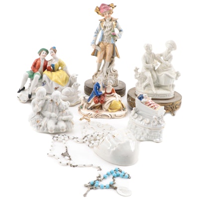 German Porcelain Figurines and Box with Wall Font and Rosary