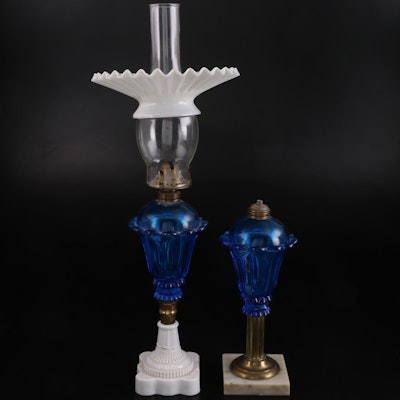 Milk and Blue Pressed Glass Oil Lamps, Mid to Late 19th Century
