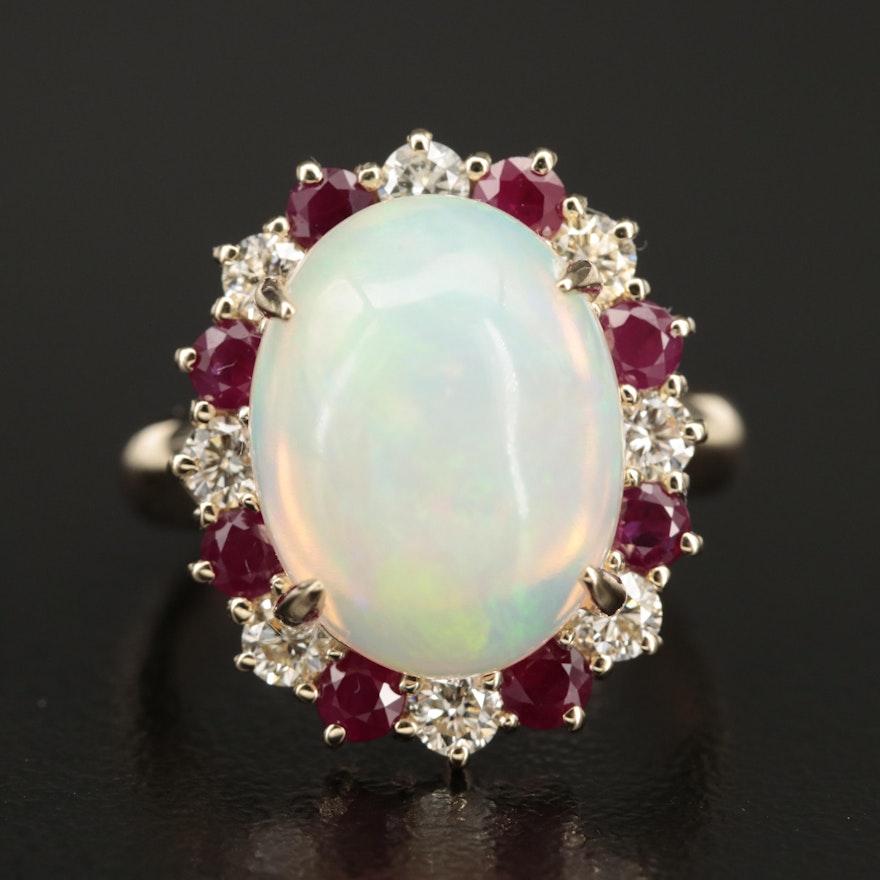14K Opal, Diamond and Ruby Ring