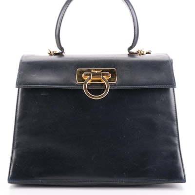 Salvatore Ferragamo Gancini Dark Navy Leather Top Handle Two-Way Bag