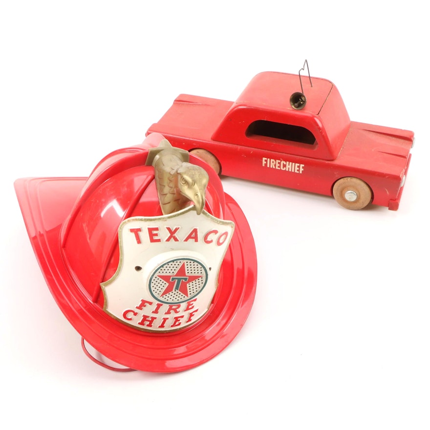 Texaco Fire Chief Hat and Wooden Fire Chief Vehicle