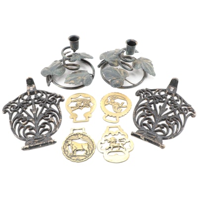 Cast Iron  Medallions with Metal Foliate Candlesticks, and Horse Brasses