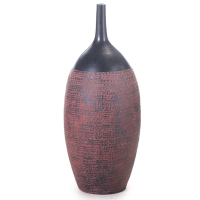 Red and Black Painted Embossed Ceramic Floor Vase
