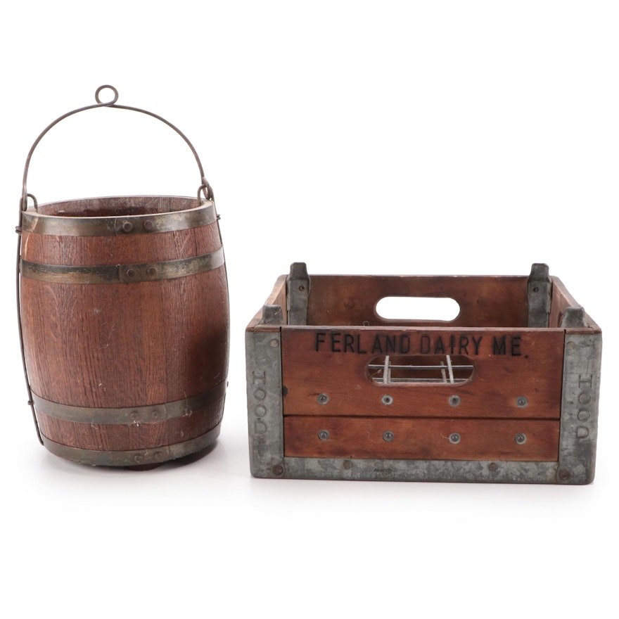 Ferland Dairy Milk Crate with Oak and Metal Bound Wooden Bucket
