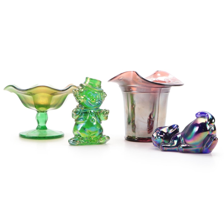 Carnival Glass Hat Vase, Low Sherbet and Cat and Clown Figurines