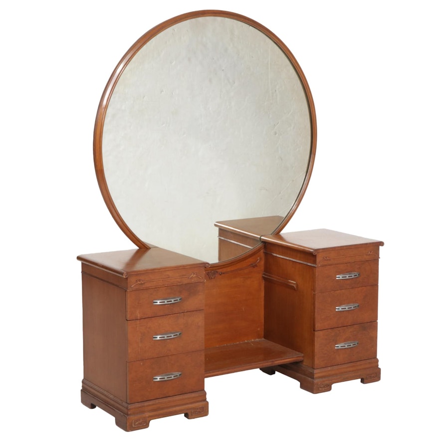 Art Deco Walnut Vanity Dresser and Mirror, Early to Mid 20th Century