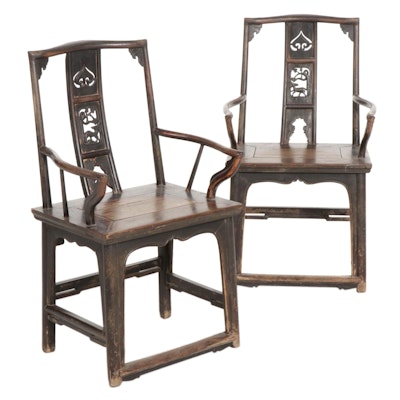 Pair of Chinese Qing Dynasty Carved Elm Armchairs, Mid to Late 19th Century