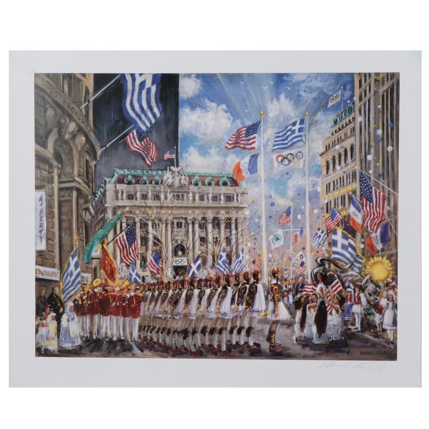 Kamil Kubik Offset Lithograph of Greek Parade on Broadway, Late 20th Century