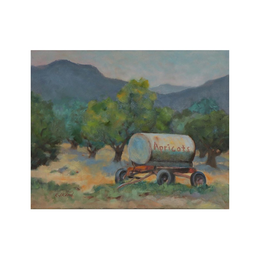 Kathy Ikerd Oil Painting of Agricultural Water Tank, Circa 2015