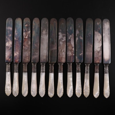 Landers, Frary & Clark Carved Mother-Of-Pearl Knives with Sterling Collars