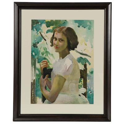 Alphaeus Philemon Cole Watercolor Portrait of Young Girl, Late 20th Century
