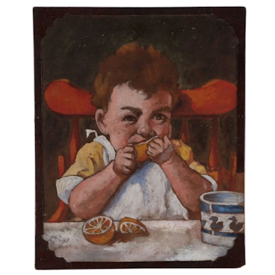 Oil Portrait of Young Child Eating Oranges, Early 20th Century