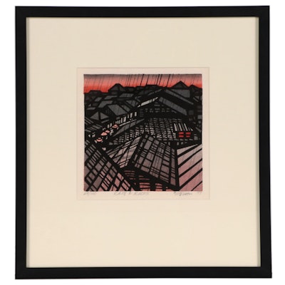Clifton Karhu Woodblock "Rain & Roofs," 1977
