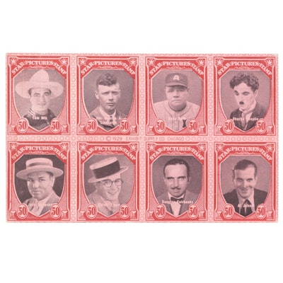 1929 Exhibit Stars Stamps Postcard with Babe Ruth, Jack Dempsey, Tom Mix, More