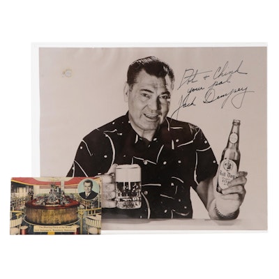 Jack Dempsey Signed Bull Dog Beer Advertisement Print and Restaurant Postcard