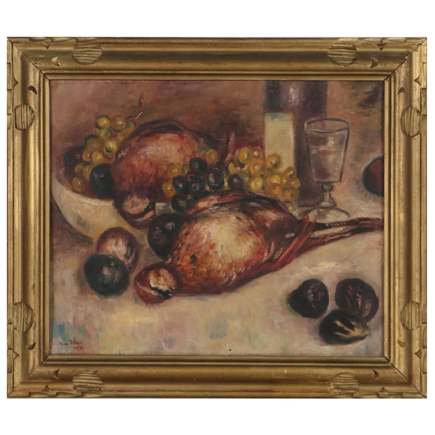 Jean Villeri Still Life Oil Painting of Pheasants, 1931