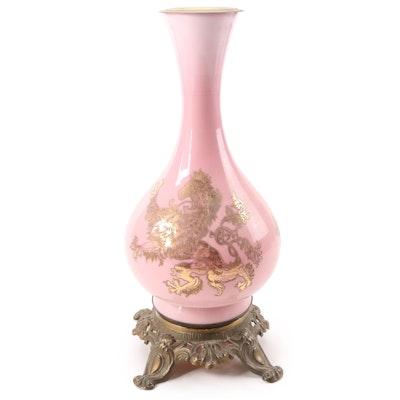 French Opaline Pink and Gilt Decorated Glass and Brass Lamp Body
