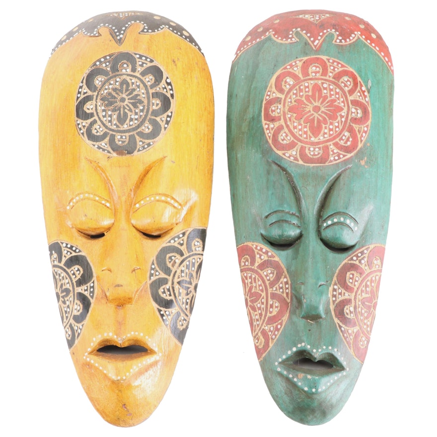 Decorative Handcrafted Polychrome Wood Masks, Late 20th Century