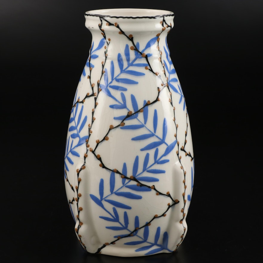 Czechoslovakian Hand-Painted Fern Motif Ceramic Vase, Mid-20th Century
