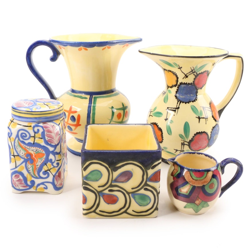 Birma, Ditmar Urbach and Other Hand-Painted Czech Pitchers, Vase and Canister